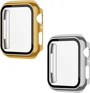 XFEN 2 Pack Case with Tempered Glass Screen Protector for Apple Watch Series 7/8/9 45mm, Smooth Touch, High Protection, Full Screen Shield, Easy Installation, Gold and Silver
