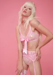 [Sugar Thrillz] Lady Wearing Midnight Lace Garter Lingerie Set
