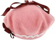 [ROMISBABA] Girls Women Beret Hat: Retro Pink Wool French Beret Bowler Hat with Bowknot Warm Cap for Halloween Christmas Seasonal Wear