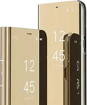 QIVSTARS Case for iPhone 11 Pro Cool Style Clear View Window Electroplate Plating Stand Scratchproof Full Body Protective Flip Ultra Slim Cover for iPhone 11 Pro PU Mirror:Golden QH