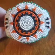 Navajo Indian Jewelry Seed Bead Bracelet Leather Back Sun White Orange Black