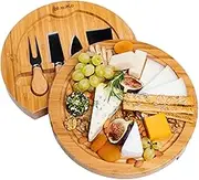 Bamboo Cheese Board with Cutlery Set - Bamboo Cheese Board Set with Slide Out Drawer - Bamboo Cheese Board and Knife Set (4 Cheese Knives Included)