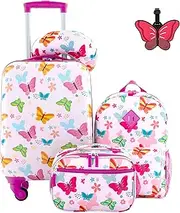 [Travelers Club] Kids' 5 Piece Luggage Set, Butterfly, 5-Piece Set, 5 Piece Kids' Luggage Set