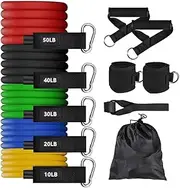 11Pcs Resistance Bands Set, Training Rope Workout Bands Kit, Ankle Straps Exercise Band with Wide Handles, Steel Clasp, Carry Bag, Stackable Up to 150 lbs
