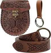 [JONDHAN] Retro Belt Pouch Coin Purse Waist Bag Medieval Viking Leather Belt Halloween Renaissance Costume Festival Cosplay Accessory (Black-Wolf), One Color, Brown-Wolf