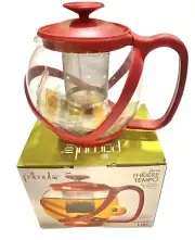 Primula Glass/Verre 40oz Tempo Teapot Dishwasher Safe Metal Leaf Tea Infuser Red