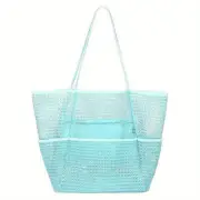 Blue Breathable Mesh Beach Tote Bag - Large Capacity Sand-Free Bag with Zipper P