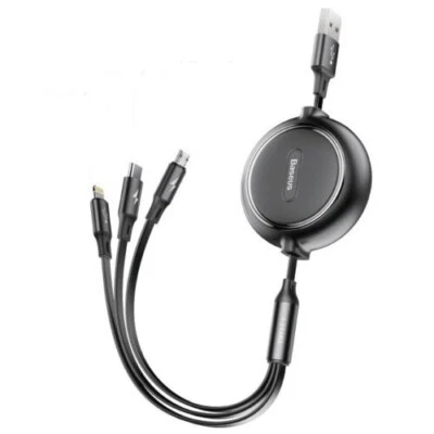 Baseus 3 in 1 Retractable USB Fast Charging Cords For iPhone Type C Micro USB