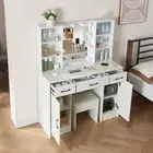Dressing Table Stool Set with Hollywood LED Mirror Makeup Desk Vanity Table Wood