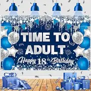 Blue Silver 18th Birthday Backdrop Party Decorations for Boys Girls Time To Adult Happy 18th Birthday Banner Large 18 Eighteen Years Old Birthday Photography Background Party Supplies, 73" X 43"