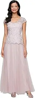 [Alex Evenings] Women's Long V-Neck Embroidered Mother of The Bride Dress W/Cap Sleeves, Full Skirt (Petite and Regular Sizes)