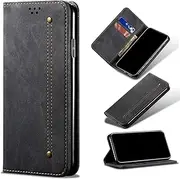 TiHen Compatible for Wallet Case Samsung Galaxy S10E, Denim Leather Phone Case with Card Slots, Flip Magnetic Kickstand+Temper Glass Screen Protector*2-Black