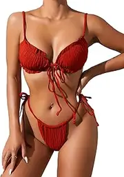[Lilosy] Sexy Ribbed Padded String Thong Brazilian Bikini Swimsuit Set for Women Side Tie Knotted Bathing Suit 2 Piece