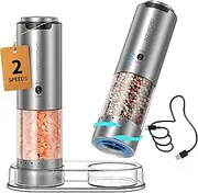 CIRCLE JOY Electric Salt and Pepper Grinder Set Rechargeable Speed Control Stainless Steel Salt and Pepper Grinder with Storage Base, 6 Levels Adjustable Coarseness, White LED Light