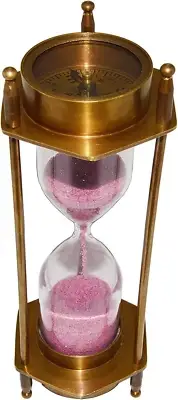 Antique Vintage Hourglass Marine Brass Sand Timer & Compass Pink Sand Handmade