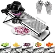 Mandoline Slicer - Professional Kitchen Vegetable Cutter and Chopper with Adjustable Stainless Steel Blades for Onion, Potato, Tomato, and More - Includes Cut-Resistant Gloves