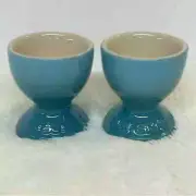 2 Le Creuset Footed Egg Cup Caribbean Blue Holders 3/8" Tall Pair Set NEW