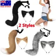 Faux Fur Fox Wolf Ears Headband Furry Long Tail Anime Halloween Cosplay Costume~