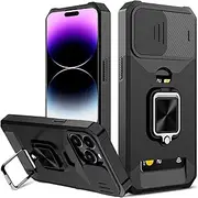 for Apple iPhone 14 Pro Max Case with [Card Holder] [Slide Camera Cover] [360° Rotate Ring Kickstand] Heavy Duty Protective Phone Cover Case for iPhone 14 Pro Max-Black