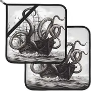 2 Pack Pot Holders for Kitchen Heat Resistant Potholders Black and White Octopus and Ship Pot Holders Set Washable Hot Pads with Loop Non Slip Potholders for Cooking Baking BBQ Microwave 8 x 8 Inch