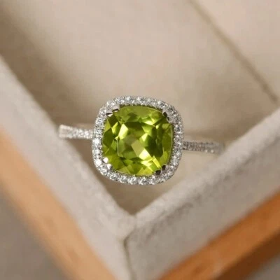 Peridot engagement ring sterling silver cushion cut peridot August birthstone