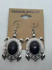 Tribal African Onyx Turtle Tortoise Tibetan Silver Dangle Earrings Boho