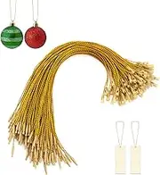 Quacc 100 PCS Christmas Tree Ornament Hanger Strings Snap Fastener Tag Cord Precut Ribbon Hook Xmas Ornament Hanging Loop for Christmas Tree Decorations Baubles Gift Tag (Gold)