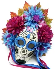 Day of the Dead Mask Dia de los Muertos Blue Grin and Streamers Papier Mache'