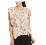 NEW BCBG MAXAZRIA BLOUSE TOP SHIRT WHITE BLACK FLOWER M 8 10 12 RUFFLE HI LOW