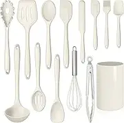 14 Pcs Kitchen Utensils Set with Holder, Silicone Cooking Utensils Spatula Set, Heat Resistant Cookware Tools Includes Spoon Turner Whisk Tong, Dishwasher safe, Cream White