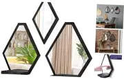 JACKCUBE Design Wall Mount Decorative Mirrors- Set of 3, Geometric Rustic Wood