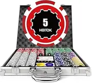 HEITOK Poker Chips Set with Denominations, 500-pcs 11.5g Numbered Casino Poker Set, 5 Dice, 2 Decks with Compact Aluminum Case for Texas Hold'em, Blackjack
