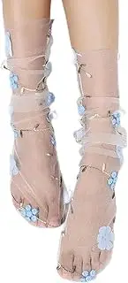 [ZIRIA] Fashion Embroidery Floral Lace Socks Women Long Tulle Socks Female Transparent Mesh Chiffon Ultra-Thin Breathable Socks