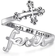 [Cuoka] 925 Sterling Silver Faith Cross Ring,Sterling Silver Adjustable Open Faith Cross Ring Christian Jewerly Gifts for Women Girls, Silver, Cubic Zirconia
