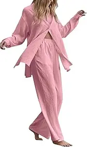 [Generic] Women Ladies 2 Piece Retro Plus Size Cotton and Shirt Suit High Waist Slacks Suit Top Pants Long Sleeve Pant Suits for Plus Size Women