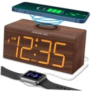 Wooden Digital Alarm Clock with Wireless Charging for Bedroom, Bedside Brown