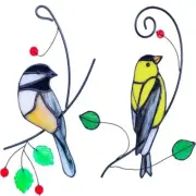 Stained Glass Décor Bird Window Hanging Chickadee Goldfinch 2 Pcs