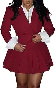 [Lymeral] Womens Suits 2 Piece Set Casual Double Breasted Crop Jacket Blazer Top & High Waist Pleated Mini Skirt Sets