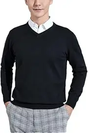 [Kiioouu] Men Cashmere Sweater Cotton Blend Classic V-Neck Knitted Sweater Men Pullover Soft Warm Business Casual Jumper