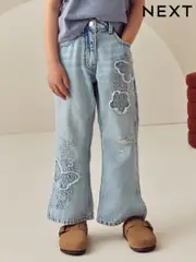 Mid Blue Butterfly Embellished Flare 100% Cotton Jeans (3-16yrs) (E29119) | $44 - $55