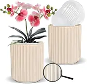 MUZHI 2Pack Ceramic Orchid Pots Planter with Drip Trays and Cymbidium Basket with Holes, Modern Minimal Cylinder Striped Plant Pot with Drainage 4.6” (Pink)
