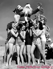 Christmas Bathing Beauties Carrying Santa Clause - c 1940 - Vintage Photo Print