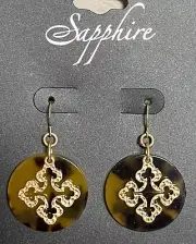 Gold tone Maltese Cross Pierced Earrings over Tortoise Shell Lucite discs