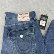 True Religion Men's 33x32 Geno SN Flap Relaxed Slim Jeans Blue Denim