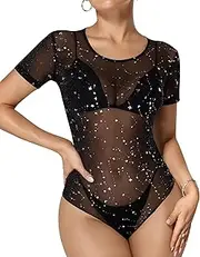 [Ｗoowayo] Women's Mesh Bodysuit for Women Sheer Mock Turtle Neck Long Sleeve Bodysuits Sexy Clubwear See Through Shirt Tops