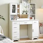 Large Vanity Desk with Mirror & Light,White Vanity Table with 6 Drawers,Side Cabinet,Open Shelf,Adjustable LED Lighting,Big Makeup Vanity Set for Girls Bedroom