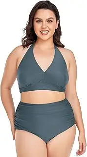 [Caihoyu] Plus Size Bikini for Ladies Tummy Control Bathing Suits High Waisted Bikini Swimwear Paintedcanvas_petrol L