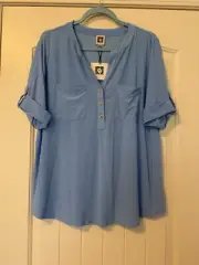Anne Klein Plus Short Sleeve chest patch pockets Shore Blue Blouse Size 1X