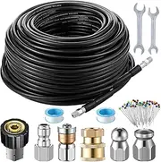 196 FT Sewer Jetter Kit for Pressure Washer 5800psi 1/4 Inch NPT Button and Nose Rotating Sewer Nozzle Pressure Washer Connect Set with Spanner Drain Cleaner Hose Nozzles Kit