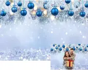 OERJU 10x8ft Blue Christmas Backdrop Winter Snowflake Christmas Balls Photogr...